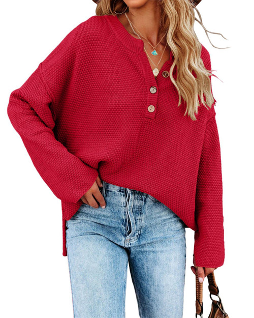 Saodimallsu Womens V Neck Oversized Sweaters Batwing Long Sleeve Button Henley Tops Pullover Loose Chunky Knitted Jumper Red