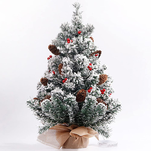 Pre-lit Artificial Mini Snowy White Christmas Tree, 22 Inch Small Table Top Snow Flocked Christmas Tree with Lights Red Berries Pine Cones and Cloth Bag Base for Xmas Indoor Desk Tabletop Decoration