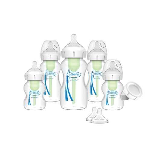 Dr. Brown's Natural Flow Anti-Colic Options+ Wide-Neck Baby Bottle Newborn Feeding Set with Baby Bottle Travel Caps