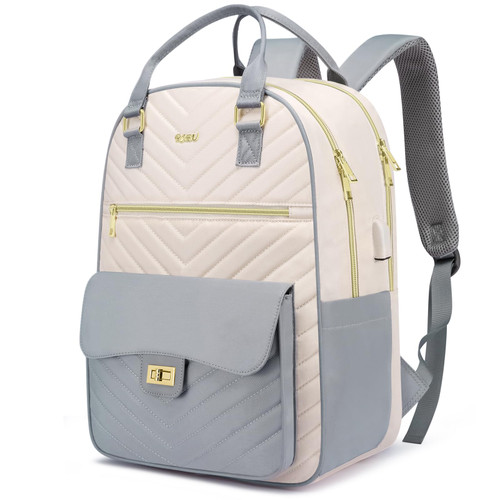 RJEU Cute Backpack for College Students,Bookbag Women with Laptop Compartment for Travel,Mochilas de Mujer,Gray Beige