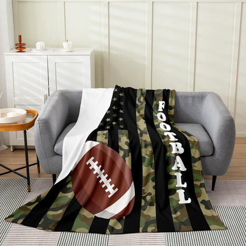 Feelyou Football Sports All Season,Bed Blanket American Flag Green Camo Plush Throw Blanket, for Kids Teens Decor Rugby American Football Flannel Fleece Blanket Twin 60"x80"