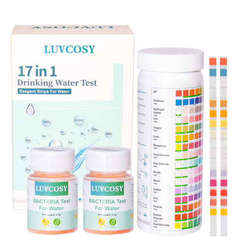 LUVCOSY 17 in 1 High Precision Water Testing Kits for Drinking Water and Swimming Pool Water Test, 100 Strips + 2 Bacteria Tests detect pH, Copper, Lead, Iron, Bacteria, Hardness and More
