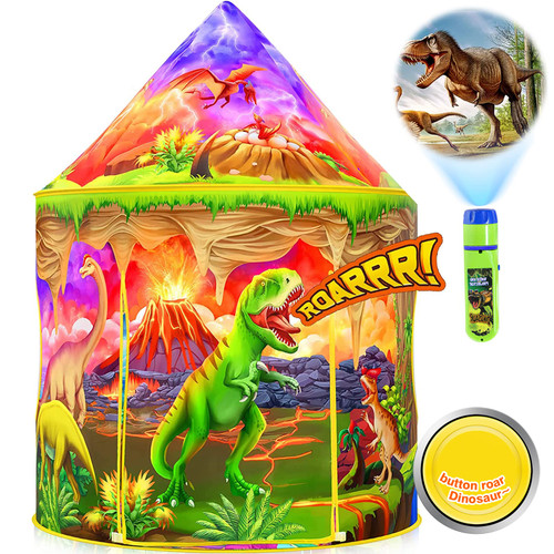 iBabify Kids Play Tent with Dinosaur Projection Flashlight, Roar Button Dinosaur Sound Effect, Pop Up Kids Tent for Boys, Dinosaur Toys Playhouse