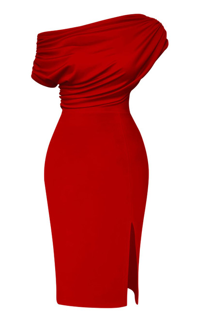 Memoriesea Women's Elegant Off Shoulder Split Hem Bodycon Ruched Midi Club Party Dress Red