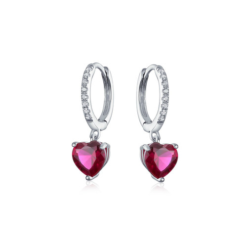 Romantic Fuchsia Pink Cubic Zirconia Simulated CZ Ruby Heart Huggie Hoop Lever back Dangling Earrings For Women Girlfriend .925 Sterling Silver CZ Accent