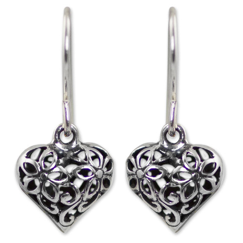 NOVICA Handmade .925 Sterling Silver Flower Earrings Dangle Thailand Floral Heart [0.9 in L x 0.5 in W] 'Blossoming Heart'