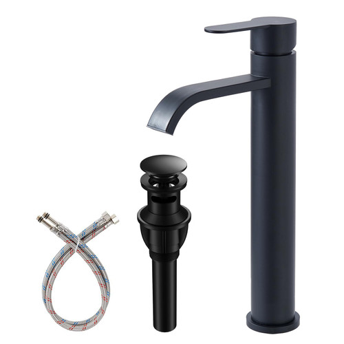 VAPSINT Vessel Sink Faucet Matte Black,Tall Waterfall Bathroom Vessel Faucet Single Handle One Hole Bathroom Faucet Rv Lavatory Vanity Mixer Bar Tap with Pop Up Drain