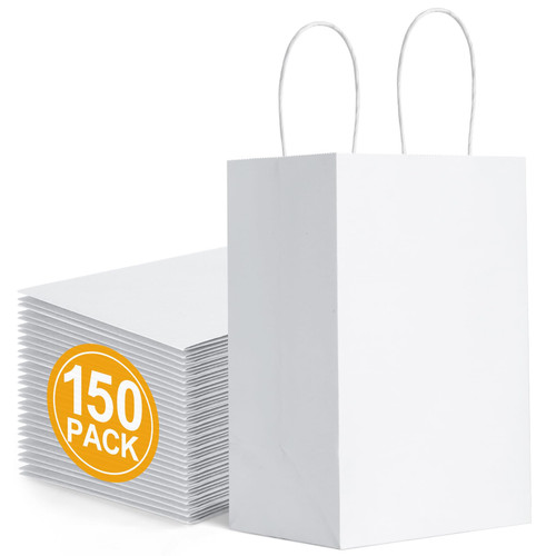 BagDream 150 Pack Small Gift Bags 5.25x3.75x8 Inch Kraft Paper Gift Bags with Handles Bulk Shopping Merchandise Retail Business Wholesale Birthday Party Favors Bags White Paper Sacks