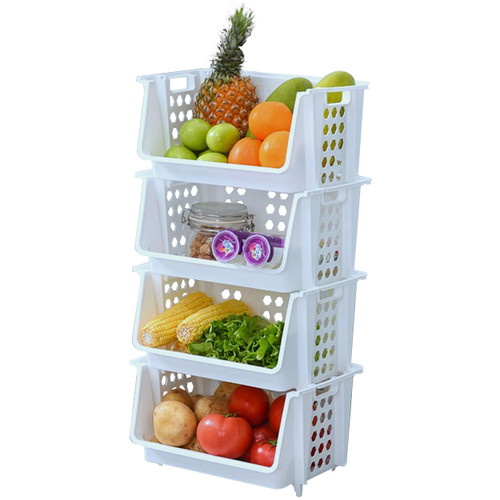Skywin Plastic Stackable Storage Bins for Pantry White - 4-Pack Stackable Bins For Organizing Food, Kitchen, and Bathroom Essentials (Hexagon)