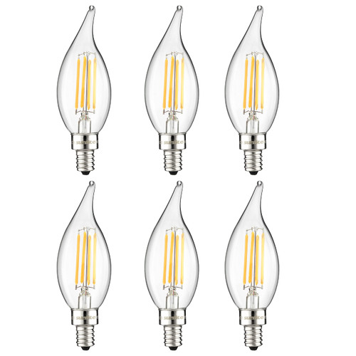 Sunlite 41651 LED Filament Flame Tip Chandelier Light Bulb, 4 Watts (40W Equivalent) 400 Lumens, Candelabra (E12) Base, Dimmable, Clear Glass Edison, UL Listed, 2700K Warm White, 6 Count Sunlite 41651 LED Filament Flame Tip Chandelier Light Bulb, 4 Watts (40W Equivalent) 400 Lumens, Candelabra (E12) Base, Dimmable, Clear Glass Edison, UL Listed, 2700K Warm White, 6 Count