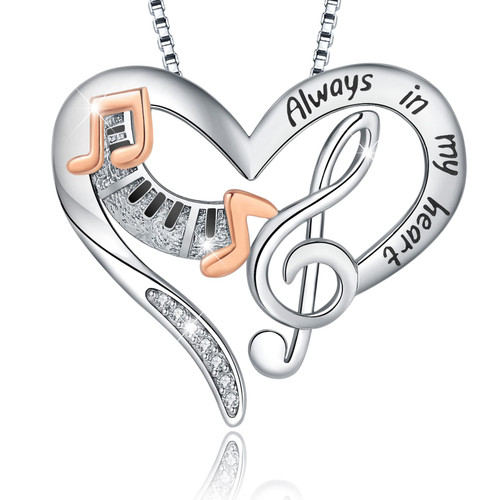 ALSBUNM Music Note Necklace S925 Sterling Silver Always in My Heart Piano Keyboard Pendant Necklaces Musical Jewelry Birthday Gift for Women Girls Music Lovers