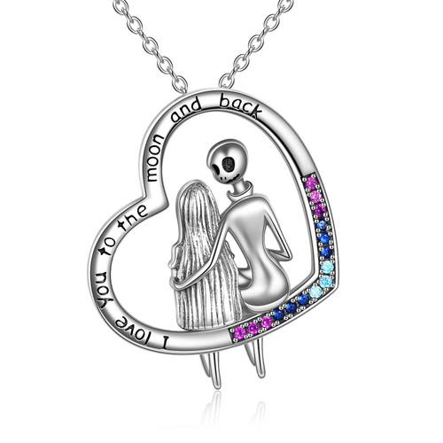 ONEFINITY Nightmare Necklace Sterling Silver Jack and Sally I Love You to the Moon and Back Heart Pendant Necklace Skull Jewelry Birthday Christmas Gifts for Women Wife Girlfriend