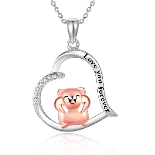 URONE Hamster Necklace 925 Sterling Silver Guinea Pig Heart Pendant Necklace Cute Animal Jewelry Gifts for Women Girls