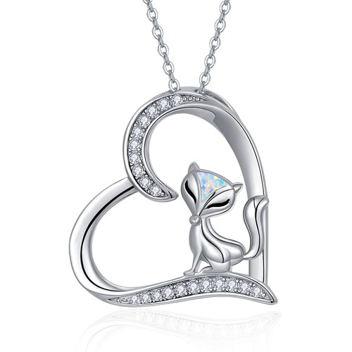 PRAYMOS Fox Necklace S925 Sterling Silver Fox Heart Necklace with Opal Cute Animal Pendant Necklace Jewelry Gifts for Women