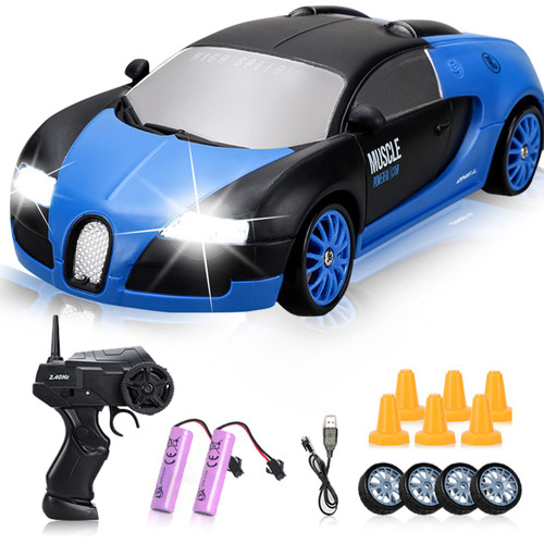 YUAN PLAN RC Drift Car, 1:24 Remote Control Blue High Speed Race Drifting Cars, 2.4GHz 4WD Electric Sport Racing Hobby Toy Car with Headlight and Double Batteries for Boys and Girls Adults Gift