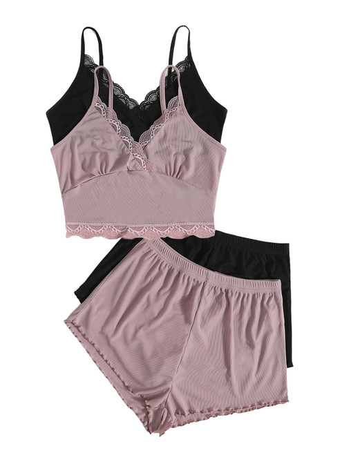 GORGLITTER Women's 2 Sets Pajama Set Lace Sleeveless Crop Cami Top Elastic Waist Shorts Lounge Set Multicolor Pink Small