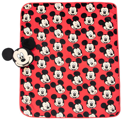 Jay Franco Disney Mickey Mouse Funny Faces Nogginz Set - 40 x 50 Inch Lightweight Travel Throw Blanket & Pillow - Kids Super Soft 2 Piece Bedding Set