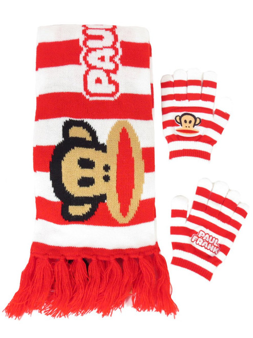 Paul Frank Julius Striped Red and White Scarf & Glove Set