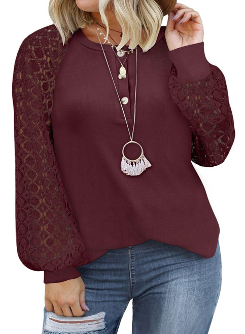 Eytino Women's Plus Size Shirts Lace Raglan Long Sleeve V Neck Button Down Pullover Blouse Tops,1X Red
