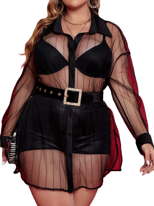 MakeMeChic Women's Plus Size Sheer Mesh Long Sleeve Button Down Shirt Blouse Black 1XL