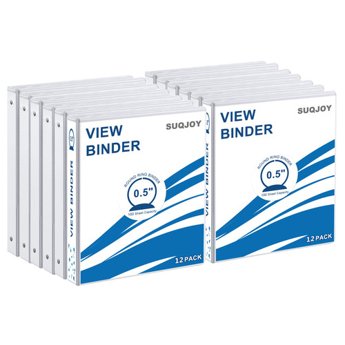 SUQJOY 0.5-inch 3-Ring Binder, 1/2 Inch Round Ring Binder with 2 Inside Pockets, 12 Pack White Binder, Clear View Cover Binder Holds 8.5'' x 11''Paper for Office/Home/Back to School