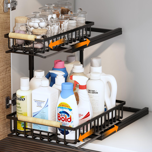 Under Sink Organizer Metal,Large Bathroom Organizer Under Sink,Pull Out Cabinet Organizer,Cabinet Pull Out Shelves,Pull Out Shelf for Kitchen Cabinet,2 Tier Sliding Basket,Slide Out Shelf Hardware