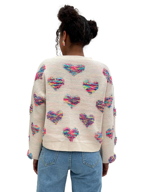 Verdusa Women's Drop Shoulder Long Sleeve Heart Print Sweater Knit Pullovers Top Apricot Large