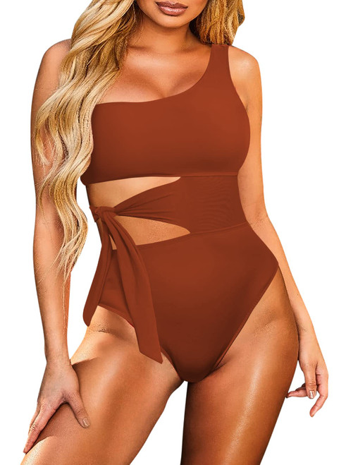 TOLENY Summer Cutout One Shoulder One Piece Swimsuit for Women Tie Waist Monokini Bathing Suit Burent Orange M