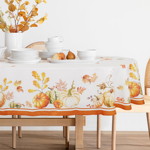 Bnejvif Thanksgiving Tablecloth Oval Fall Tablecloths Oval Autumn Leaves Pumpkin Oval Table Cloths Stain-Resistant Anti-Wrinkle Washable Thanksgiving Decorations for Tablecloth 60 X 120 Inch