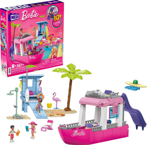 Barbie MEGA Boat Building Toys Playset, Malibu Dream Boat With 317 Pieces, 2 Pets, 3 Micro-Dolls and Accessories, Pink, 6+ Year Old Kid