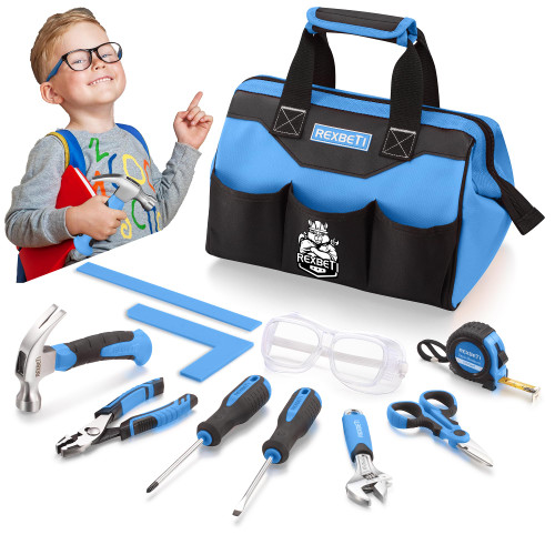 REXBETI 10-Piece Kids Tool Set with Real Hand Tools, Blue Durable Storage Bag, Children Learning Tool Kit for Home DIY and Woodworking
