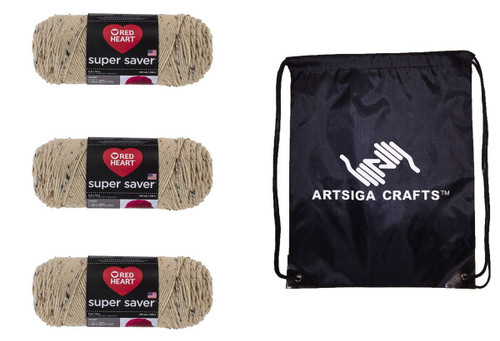 Red Heart Super Saver Yarn Buff Fleck E300-4334, Worsted Weight No 4, 3 Skeins Same Dye Lot, 100% Acrylic Soft Acrylic, Machine Washable, Bundle with 1 Artsiga Craft Bag