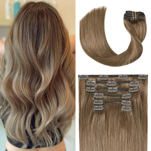 Clip in Hair Extensions Real Human Hair 70G Ash Brown Remy Human Hair Clip in Extensions 12 Inch Soft Silky Straight for Full Head 7pcs 16clips One Pack (12 Inch #8)