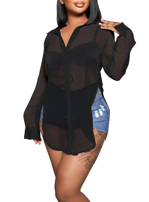 Womens Sheer Button Up Blouse Sexy Long Sleeve Mesh See Through Shirts Tops Black XXL