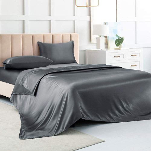 Satin Bed Sheets Queen Sheet Set, Grey Silk Sheets, 4 - Pieces Soft Bedding Set with 1 Deep Pocket Fitted Sheet,1 Flat Sheet,2 Pillowcase