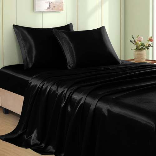 VACVELT 4pcs Black Satin Sheets Queen Size Bed Set, 15 Inch Deep Pocket Silky Satin Sheet Set, Soft Satin Bedding Set Cooling & Luxury Bed Sheets, 1 Fitted Sheet + 1 Flat Sheet + 2 Pillowcases