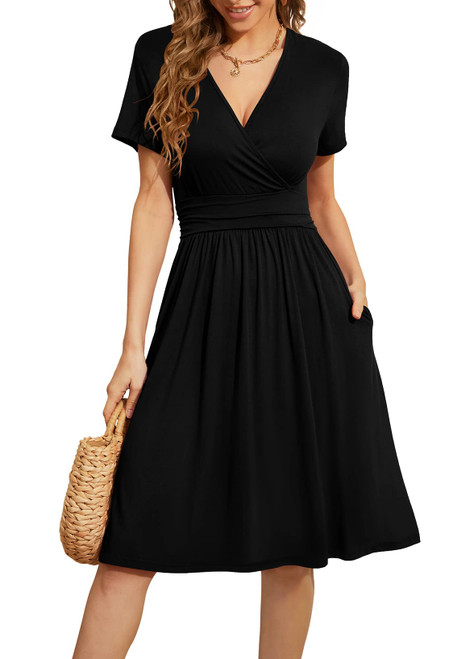 WEACZZY Summer Dress for Women Casual Short Sleeve Black Dresses Wrap V-Neck Party Dress with Pockets, Black, Medium WEACZZY Summer Dress for Women Casual Short Sleeve Black Dresses Wrap V-Neck Party Dress with Pockets, Black, Medium
