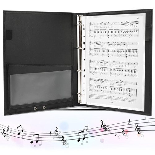 D-TEND Leather Sheet Music Folder Black, 4 Rings Binder 13.5" x 10.5" Piano Music Choir with Elastic Hand Strap for 24 Pockets Sheets A4,Writable & Detachable Choral Music Folio D-TEND Leather Sheet Music Folder Black, 4 Rings Binder 13.5" x 10.5" Piano Music Choir with Elastic Hand Strap for 24 Pockets Sheets A4,Writable & Detachable Choral Music Folio