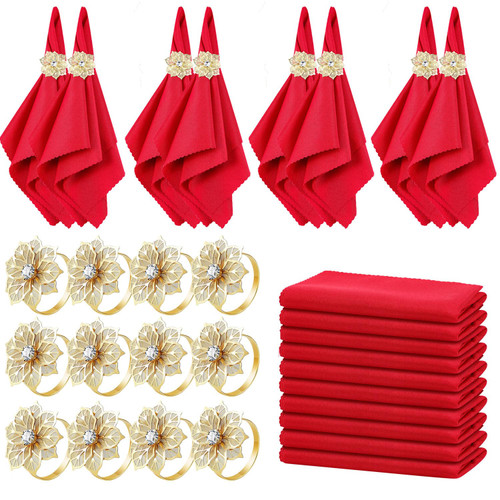 Preboun Christmas Napkin and Ring Set of 24 Christmas Cloth Napkins Metal Gold Napkin Rings Hollow Out Flower Napkin Holder for Christmas Holiday Party Dinner Table Decoration(Red)