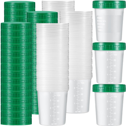 Geiserailie 100 Pcs Disposable Specimen Cup Urine Cups 4oz Specimen Container with Leak Proof Screw on Single Use Stool Sample Collection Kit for Safe Urine Pee Stool Sample Analysis Testing (Green)