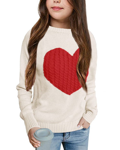 Batermoon Girls' Pullover Sweaters Long Sleeve Cute Heart Pattern Crewneck Knit Jumper Tops White