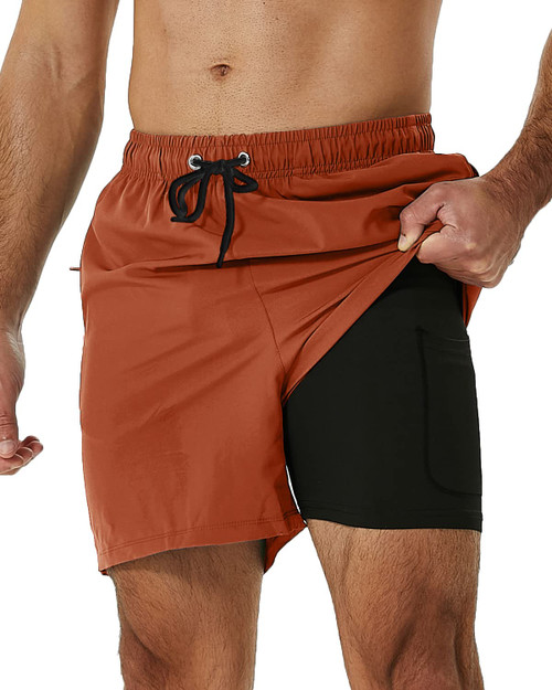 SILKWORLD Mens Swimming Trunks with Compression Liner 2 in 1 Quick-Dry Bathing Suits with Zipper Pockets,Red Brown,3X-Large