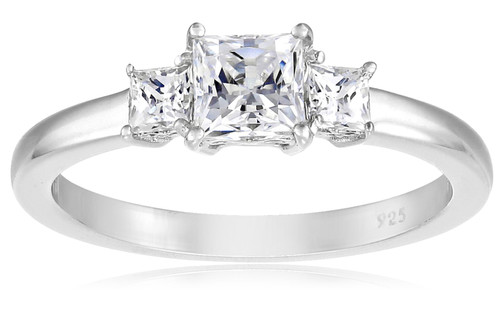 Amazon Collection Platinum-Plated Sterling Silver Princess-Cut 3-Stone Ring made with Infinite Elements Cubic Zirconia (2 cttw), Size 8