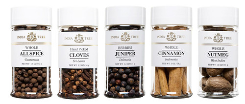 India Tree Winter Holiday Spice Gift Pack - Cinnamon, Nutmeg, Cloves, Allspice, and Juniper Berries - 7.7 Ounces Total India Tree Winter Holiday Spice Gift Pack - Cinnamon, Nutmeg, Cloves, Allspice, and Juniper Berries - 7.7 Ounces Total