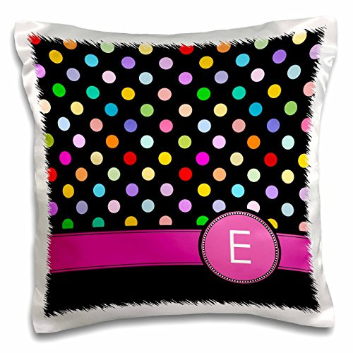 3dRose pc_154302_1 Letter E Monogrammed on Rainbow Polka Dots Pattern Hot Pink Personal Initial Black Girly Multicolor Pillow Case, 16" x 16"