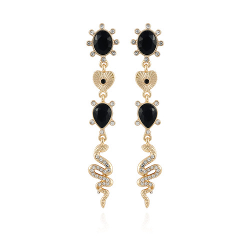 GUESS Goldtone Black Gemstone, Snake, and Heart Linear Dangle Drop Earrings