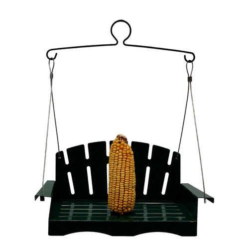 Backyard Essentials Hunter Green Porch Swing Metal Squirrel Feeder, Hanging Squirrel Bench Feeder, One Corn Cob or Orange Slice Capacity, for Squirrels and Fruit-Loving Birds