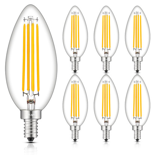CRLight 8W Dimmable Large LED Candelabra Bulb 80W Equivalent 800Lumen, 3000K Soft White, Lengthened & Enlarged B17 Clear Candle E12 LED Filament Chandelier Light, Smooth Dimming Version, 6 Pack