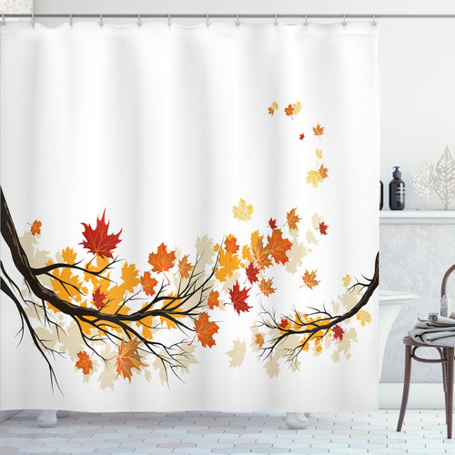 Ambesonne Fall Shower Curtain, Swirling Bended Autumn Tree Branches Colored Leaves Pastoral Season Theme, Cloth Fabric Bathroom Decor Set with Hooks, 69" W x 75" L, Marigold Dark Orange