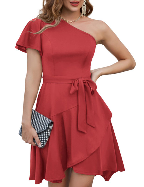 One Shoulder Dress for Women Ruffle Sleeve Party Formal Cocktail Dress for Wedding Guest Swing Dresses Red M